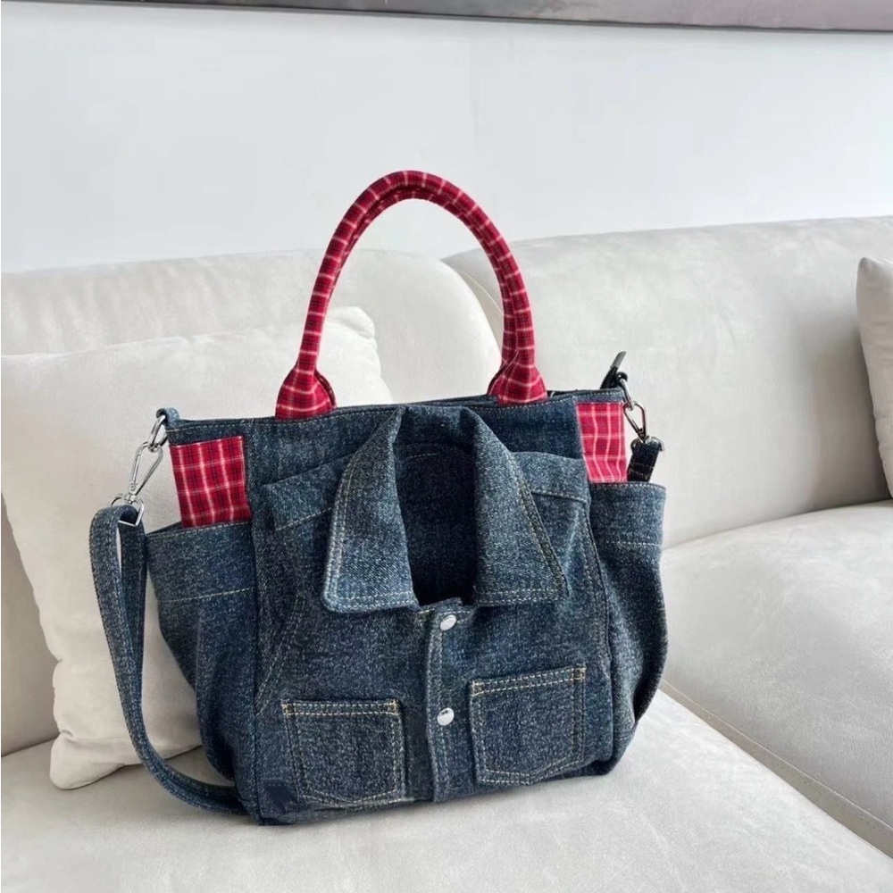 Stylish Denim Tote Bag with Red Accents